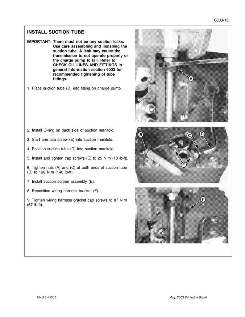 May include: An instructional diagram titled "INSTALL SUCTION TUBE" with detailed steps and labeled components. The image includes close-up views of mechanical parts, with text instructions and torque specifications in lb-ft and N-m.