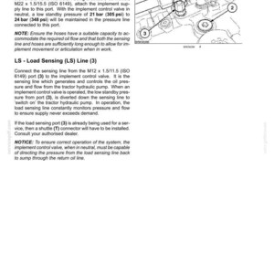 May include: A technical manual page titled 6-WORKING OPERATIONS detailing hydraulic pressure and load sensing lines. It includes a black and white line drawing of a valve manifold with numbered components 1, 2, and 3, alongside text instructions for connecting implement lines with 21 bar (305 psi) and 24 bar (348 psi) pressure specifications.