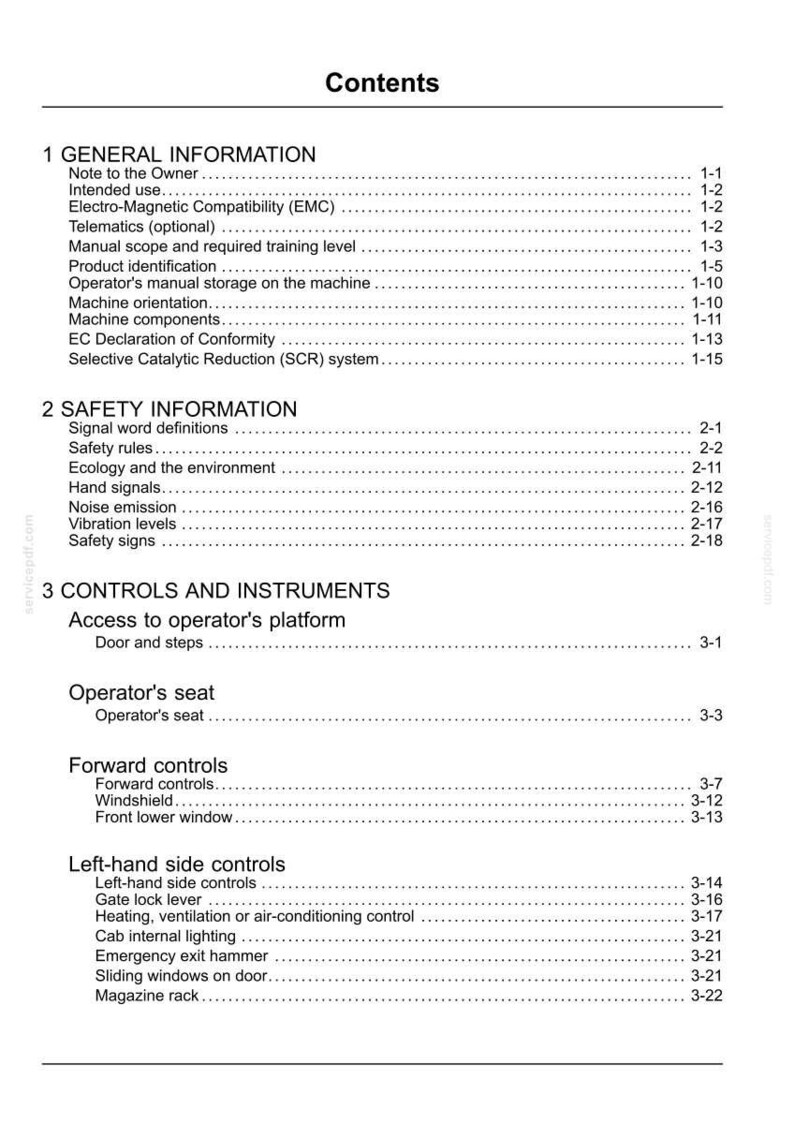 May include: A detailed table of contents from a manual, with sections on general information, safety, and controls. The text is black on a white background, with section titles and page numbers.