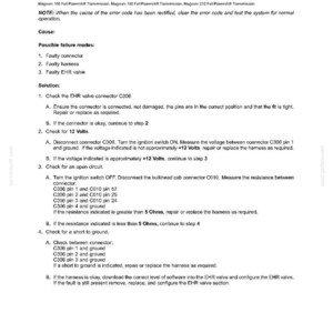 May include: A document titled "DISTRIBUTION SYSTEMS - FAULT CODES" with troubleshooting steps for a "4114-Rear Remote No.2 No Control Message Received" error. Includes possible failure modes and solutions for connectors, harnesses, and EHR valves.