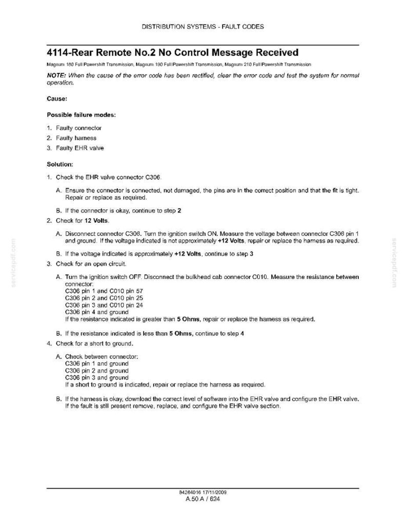 May include: A document titled "DISTRIBUTION SYSTEMS - FAULT CODES" with troubleshooting steps for a "4114-Rear Remote No.2 No Control Message Received" error. Includes possible failure modes and solutions for connectors, harnesses, and EHR valves.