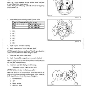 May include: Diagram of engine components with instructions for flywheel housing installation. Includes torque specifications in foot-pounds and Newton-meters for M12 and M8 bolts. Also shows diagrams of the engine parts.