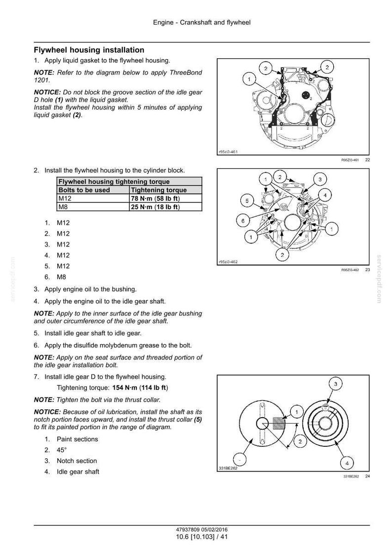 May include: Diagram of engine components with instructions for flywheel housing installation. Includes torque specifications in foot-pounds and Newton-meters for M12 and M8 bolts. Also shows diagrams of the engine parts.