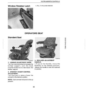 May include: Diagram of an operator's seat with numbered labels for lumbar adjustment, armrest height, and recliner adjustment. The text includes instructions for adjusting the seat features. The image is in black and white.