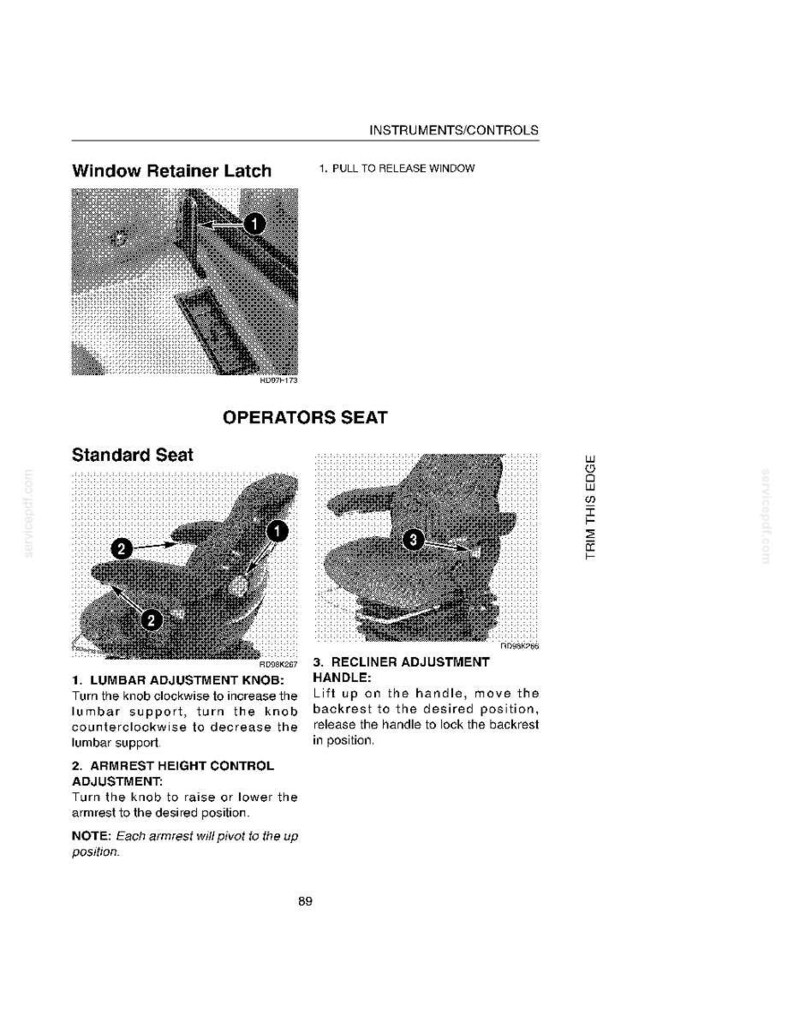 May include: Diagram of an operator's seat with numbered labels for lumbar adjustment, armrest height, and recliner adjustment. The text includes instructions for adjusting the seat features. The image is in black and white.