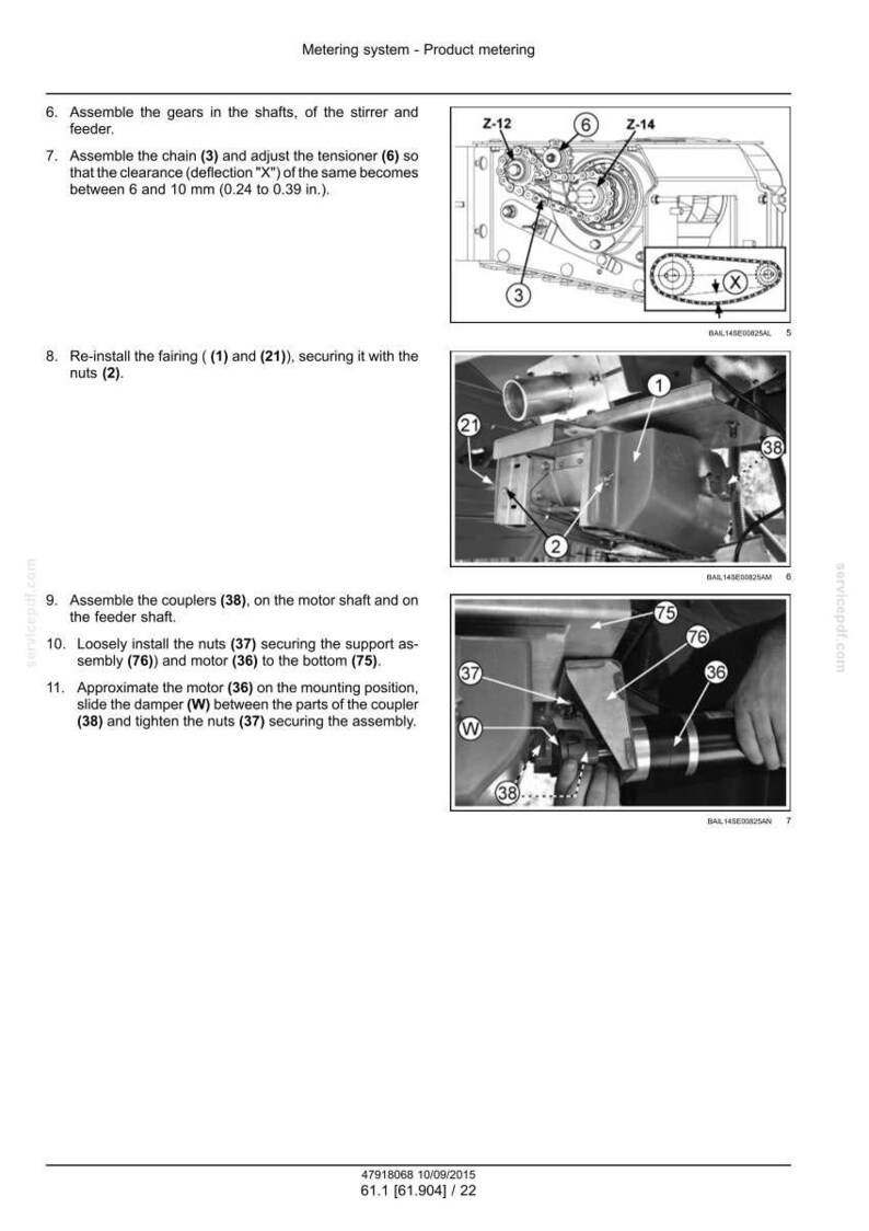 May include: Diagram of a metering system with detailed assembly instructions. Includes images of gears, chains, couplers, and nuts. Text instructions are provided for each step, including measurements in inches.