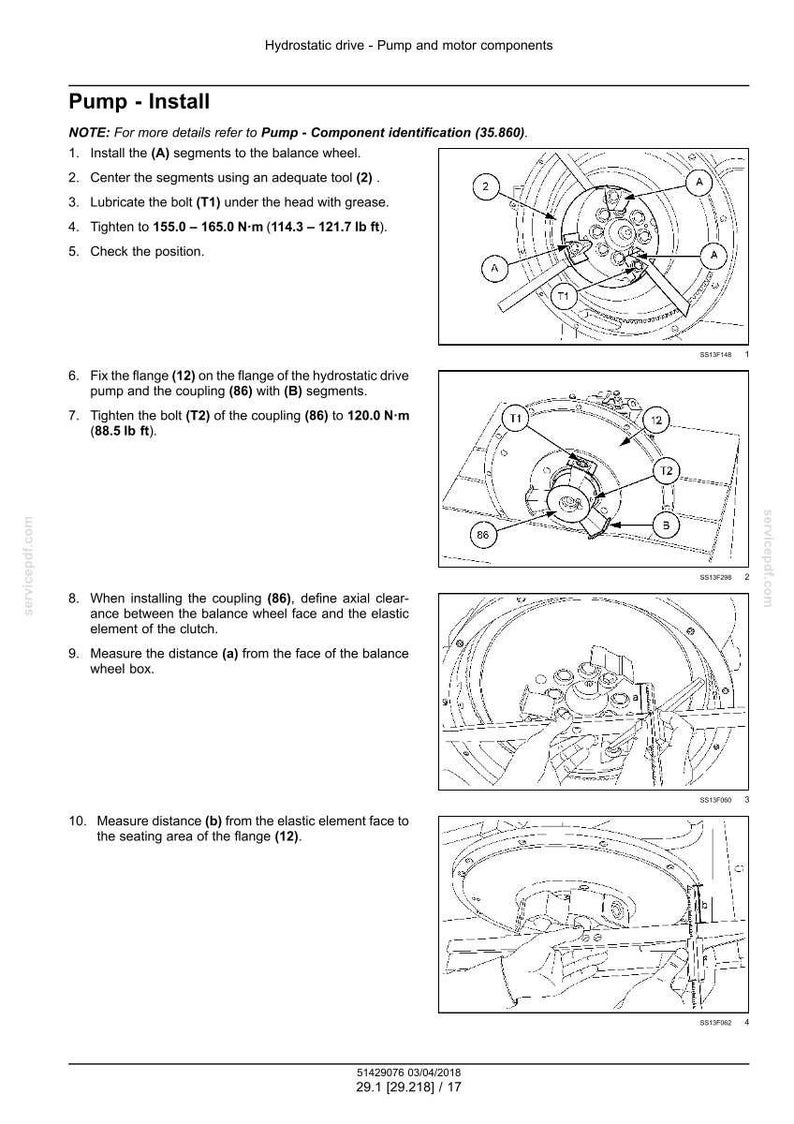 May include: Diagram showing hydrostatic drive pump and motor components with pump installation instructions. The image includes detailed illustrations of the pump assembly, with labels and measurements in N-m and lb ft.