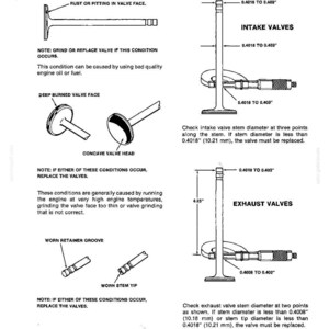 May include: Diagram of engine valves with measurements in inches, with metric equivalents in mm. Includes illustrations of valve conditions and instructions for replacement. Text includes "Intake Valves" and "Exhaust Valves".