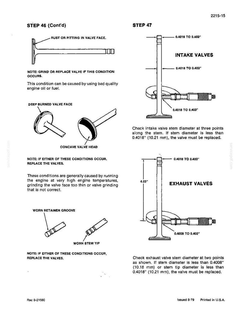 May include: Diagram of engine valves with measurements in inches, with metric equivalents in mm. Includes illustrations of valve conditions and instructions for replacement. Text includes "Intake Valves" and "Exhaust Valves".