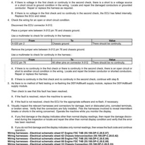 May include: A technical document with troubleshooting steps for electrical systems, including fault codes and wiring harness diagrams. The document provides instructions for checking continuity and identifying potential issues.
