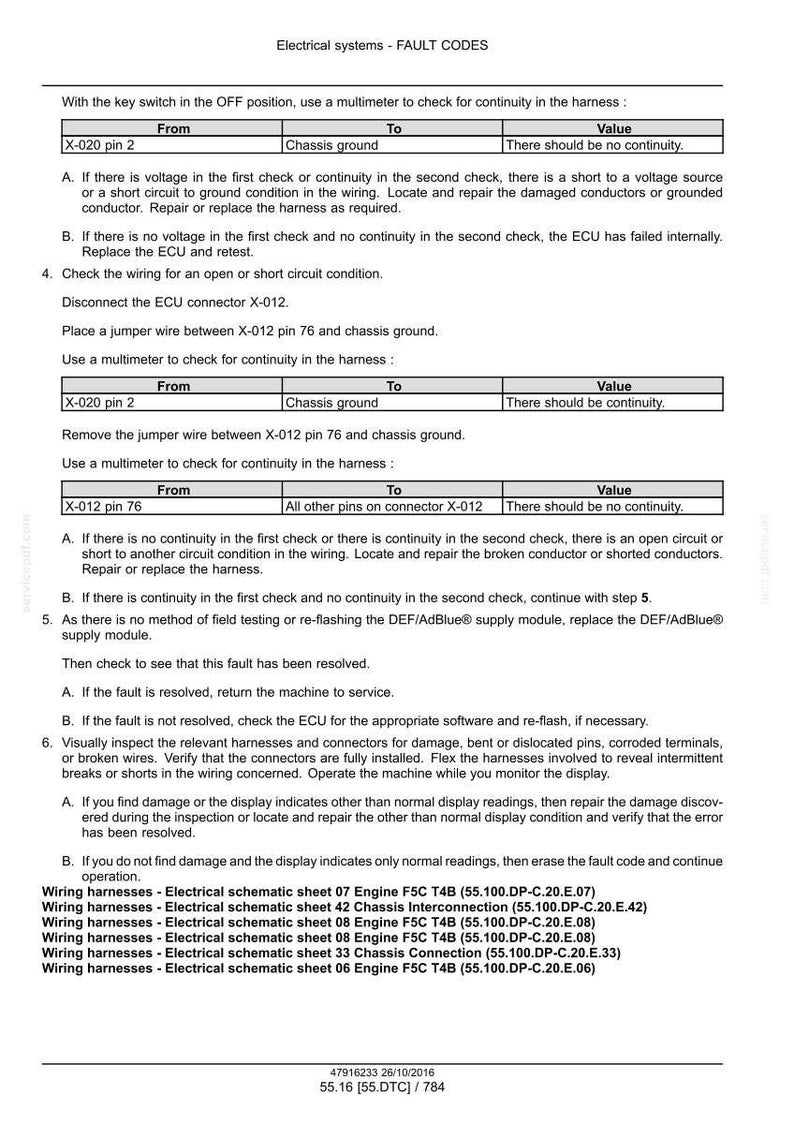 May include: A technical document with troubleshooting steps for electrical systems, including fault codes and wiring harness diagrams. The document provides instructions for checking continuity and identifying potential issues.