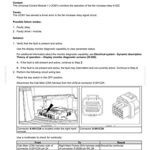 May include: Technical document detailing fault codes for an electrical system, specifically the E0150-11-Fan Increase Relay. Includes diagrams of connectors and troubleshooting steps. Text includes "FAULT CODES" and "UCM1".
