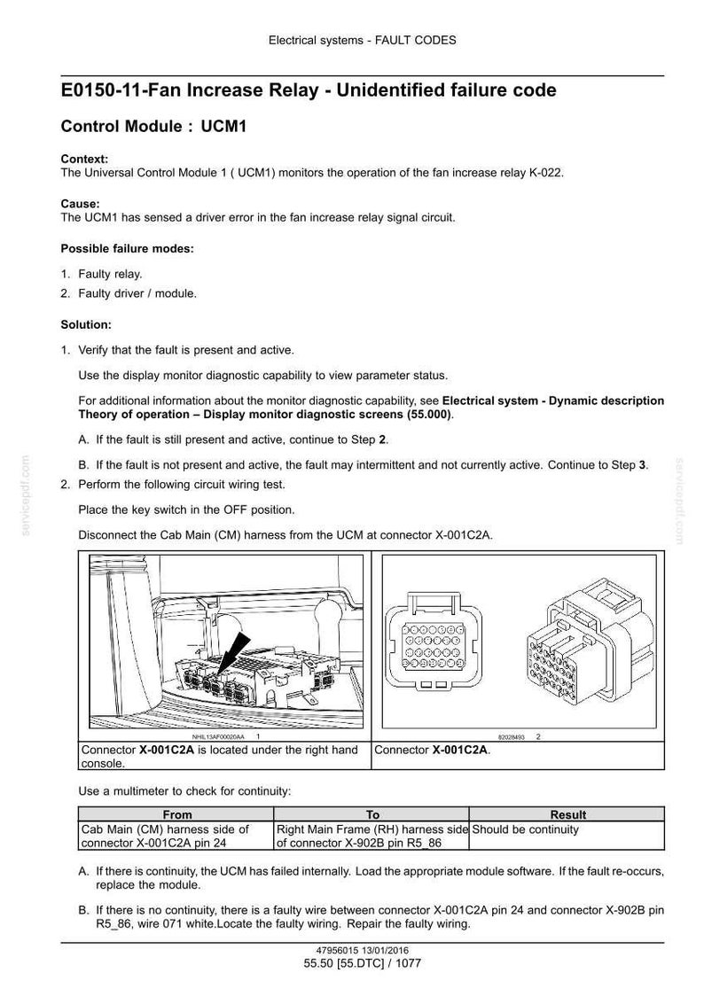 May include: Technical document detailing fault codes for an electrical system, specifically the E0150-11-Fan Increase Relay. Includes diagrams of connectors and troubleshooting steps. Text includes "FAULT CODES" and "UCM1".