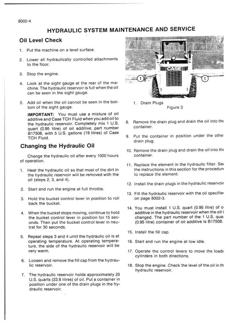 May include: A page from a manual titled "Hydraulic System Maintenance and Service." It includes instructions for oil level checks and changing hydraulic oil, along with a diagram of a CASE machine.