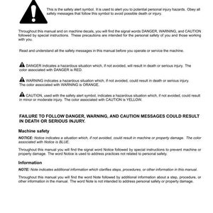 May include: A page from a manual detailing safety rules, including personal and machine safety. The text uses bold headings and warning symbols to highlight potential hazards. The document explains the meaning of DANGER, WARNING, CAUTION, NOTICE, and NOTE.