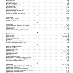 May include: A detailed index page from a manual, listing various machine functions and safety rules. The text is in black font on a white background, with page numbers and section headings.