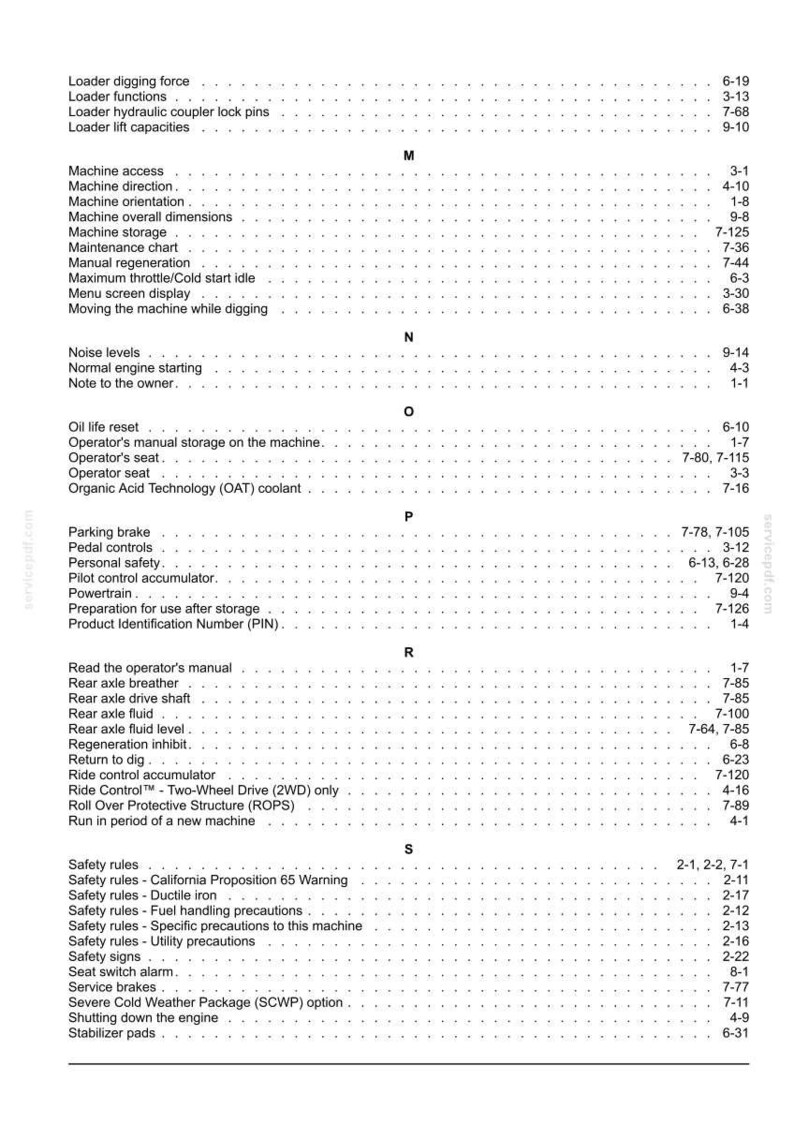 May include: A detailed index page from a manual, listing various machine functions and safety rules. The text is in black font on a white background, with page numbers and section headings.