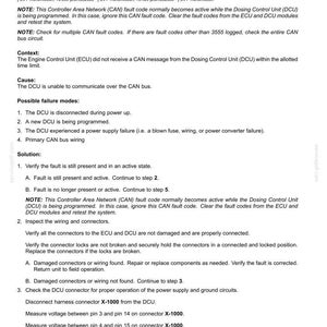 May include: A document detailing fault codes for electrical systems, specifically the 3555 CAN message error related to the Dosing Control Unit (DCU). Includes troubleshooting steps, possible causes, and voltage measurements in Volts.