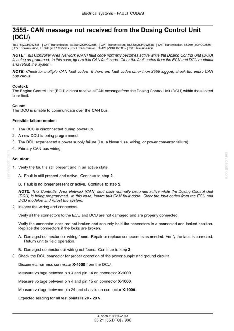 May include: A document detailing fault codes for electrical systems, specifically the 3555 CAN message error related to the Dosing Control Unit (DCU). Includes troubleshooting steps, possible causes, and voltage measurements in Volts.