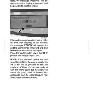 May include: A grayscale image of an electronic display showing the word "ERROR" and the prompt "PASSWORD?". The display shows the numbers "1", "0", and "0". The image is part of a page with operating instructions.