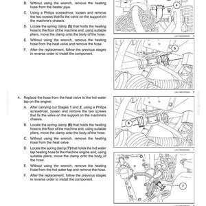May include: Diagram of cab climate control heating system with numbered steps and components. Includes close-ups of clamps, hoses, and engine parts. Text instructions accompany the illustrations for replacing the heater valve heating hose.