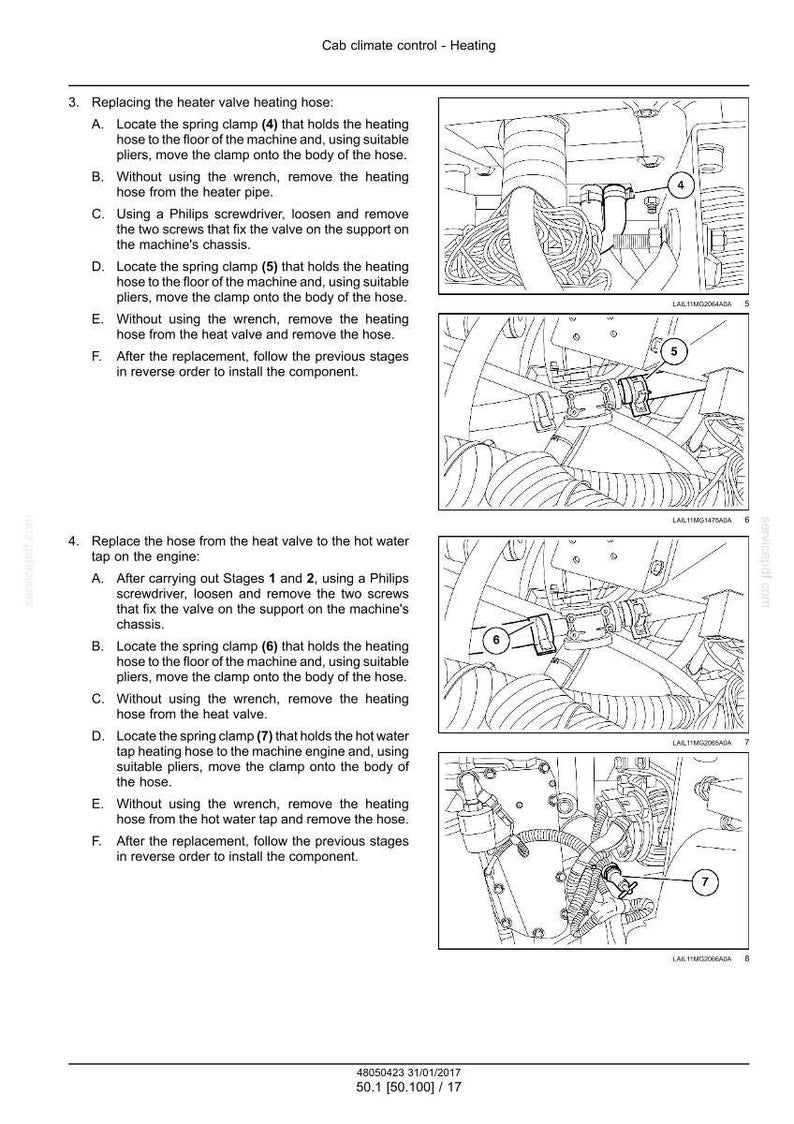 May include: Diagram of cab climate control heating system with numbered steps and components. Includes close-ups of clamps, hoses, and engine parts. Text instructions accompany the illustrations for replacing the heater valve heating hose.