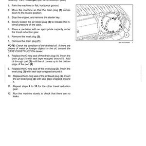 May include: Page from a maintenance manual detailing the process of changing travel reduction unit oil. The text includes instructions, lubricant specifications, and a diagram with numbered components for reference.