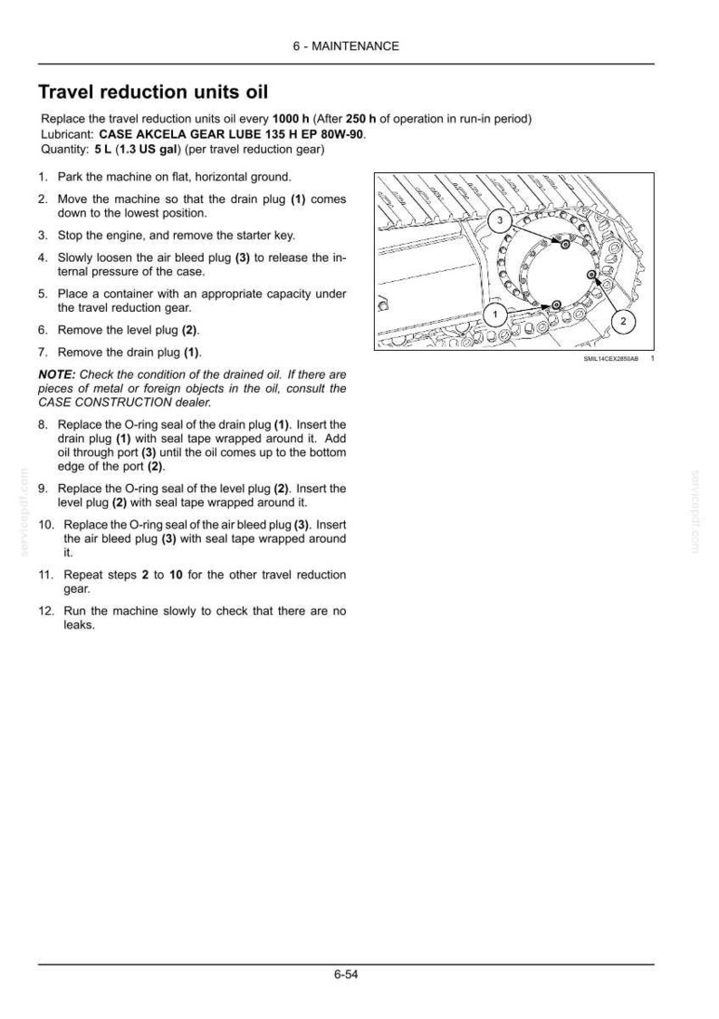 May include: Page from a maintenance manual detailing the process of changing travel reduction unit oil. The text includes instructions, lubricant specifications, and a diagram with numbered components for reference.