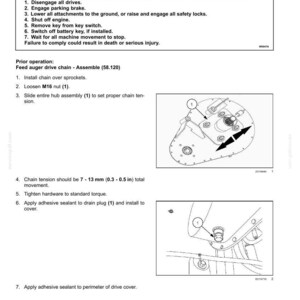 May include: Diagram of a feed auger drive chain installation, with step-by-step instructions and illustrations. Includes warnings about safety and specific instructions for chain tension, with measurements in inches.