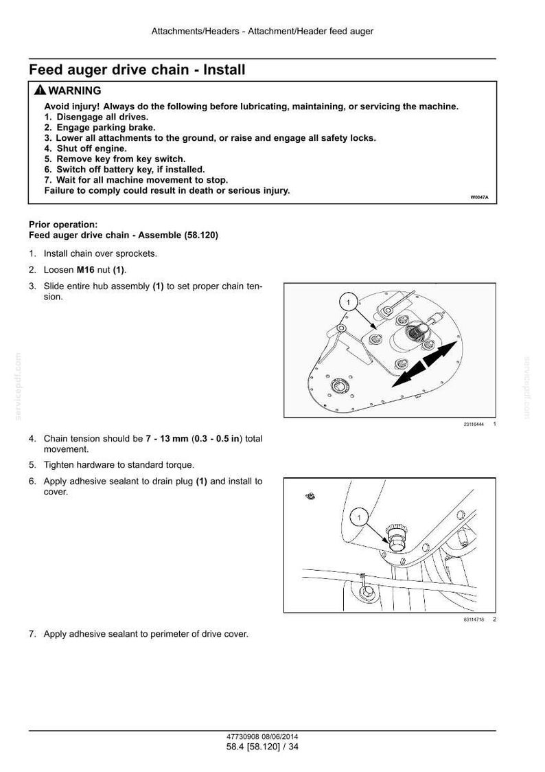 May include: Diagram of a feed auger drive chain installation, with step-by-step instructions and illustrations. Includes warnings about safety and specific instructions for chain tension, with measurements in inches.