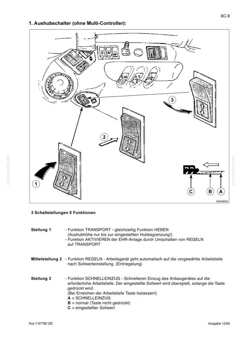 May include: A technical line drawing of a vehicle lift switch console labeled 8C-9. The diagram illustrates the Aushubschalter without a multi-controller, showing three distinct switch positions, numbered 1, 2, and 3, with arrows indicating movement and function settings labeled A, B, and C.