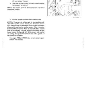 May include: A technical manual page titled 7-MAINTENANCE detailing coolant system procedures. It includes numbered instructions for refilling the system and a black and white line drawing of an engine component labeled with the number 1.
