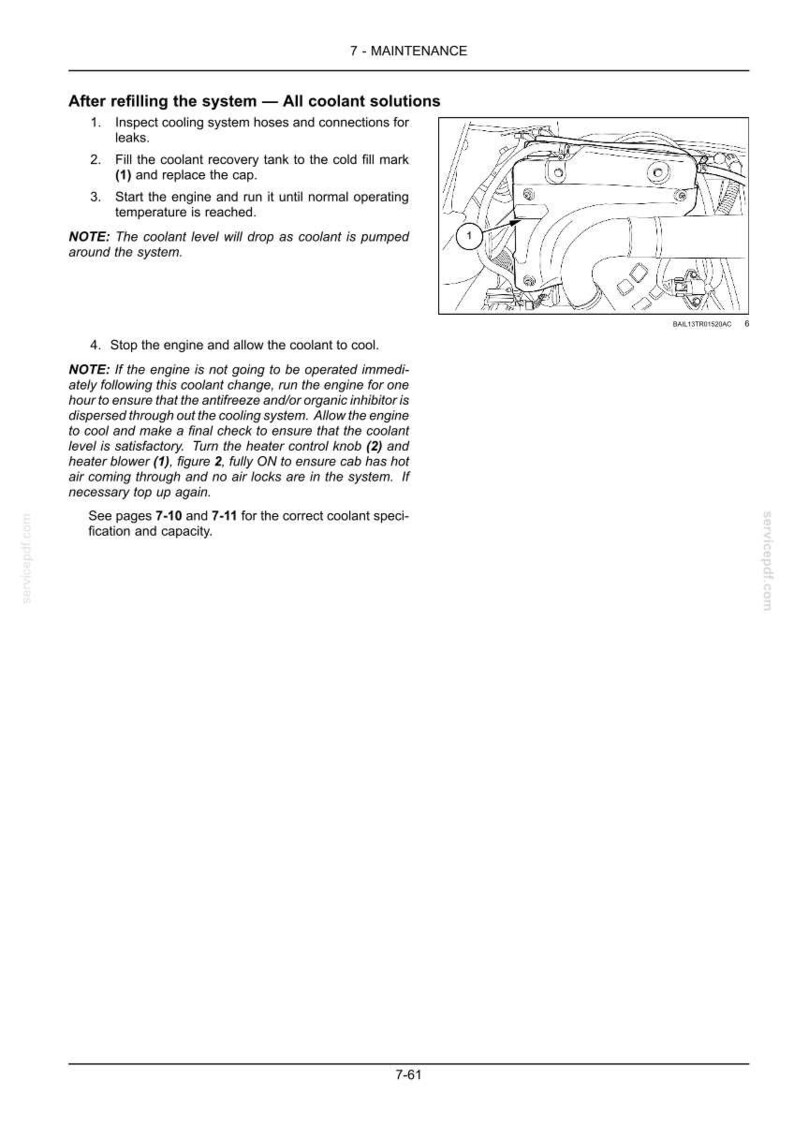May include: A technical manual page titled 7-MAINTENANCE detailing coolant system procedures. It includes numbered instructions for refilling the system and a black and white line drawing of an engine component labeled with the number 1.