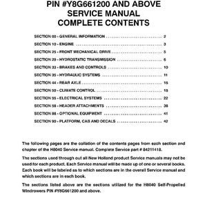 May include: A printed page from a service manual for H8040 Self-Propelled Windrowers. The document lists the complete contents, including sections on the engine, brakes, and electrical systems. The manual is from 2009 and includes the part number 84211418.
