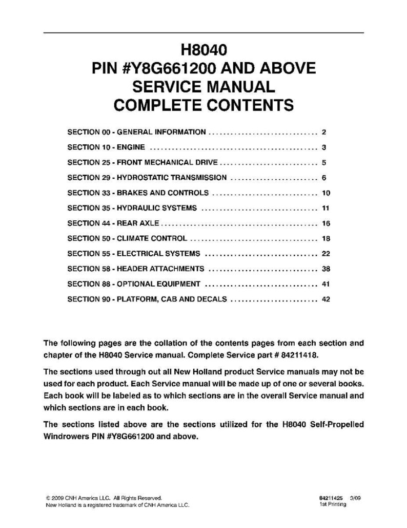 May include: A printed page from a service manual for H8040 Self-Propelled Windrowers. The document lists the complete contents, including sections on the engine, brakes, and electrical systems. The manual is from 2009 and includes the part number 84211418.