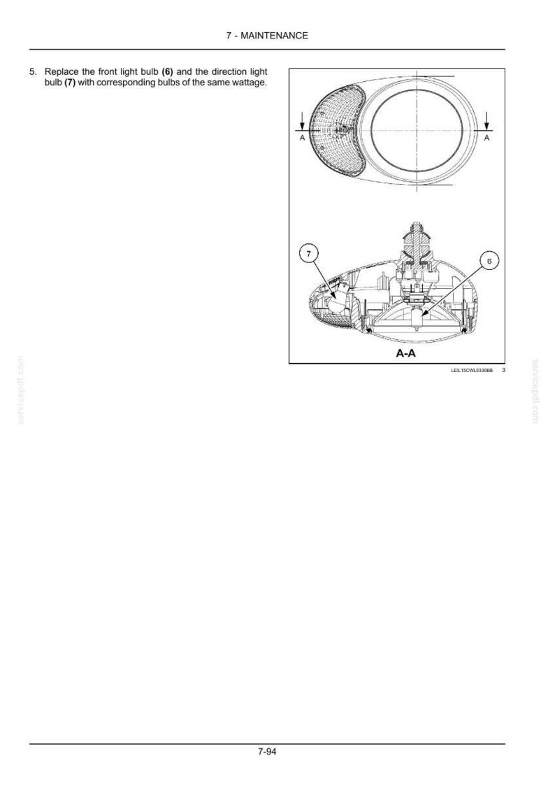 May include: A technical maintenance diagram showing the replacement of a front light bulb (6) and a direction light bulb (7). The image includes a top-down view and a cross-section view labeled A-A, detailing the internal assembly of the light unit.