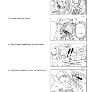 May include: Diagram of an engine with instructions for removing parts. The text includes steps to remove the air filter, bracket, coolant hoses, and temperature sensor. The image is in black and white.