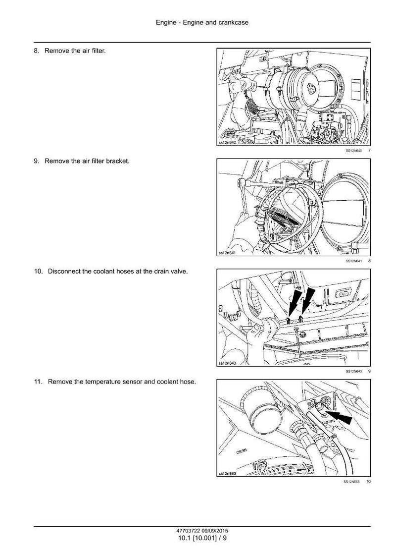 May include: Diagram of an engine with instructions for removing parts. The text includes steps to remove the air filter, bracket, coolant hoses, and temperature sensor. The image is in black and white.