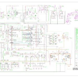 May include: A detailed schematic diagram of a hydraulic and electrical system for an excavator. The diagram is filled with lines, symbols, and text in various colors, including red, green, blue, and black. A 3D illustration of an excavator is in the upper right corner.