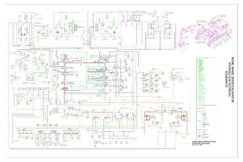May include: A detailed schematic diagram of a hydraulic and electrical system for an excavator. The diagram is filled with lines, symbols, and text in various colors, including red, green, blue, and black. A 3D illustration of an excavator is in the upper right corner.