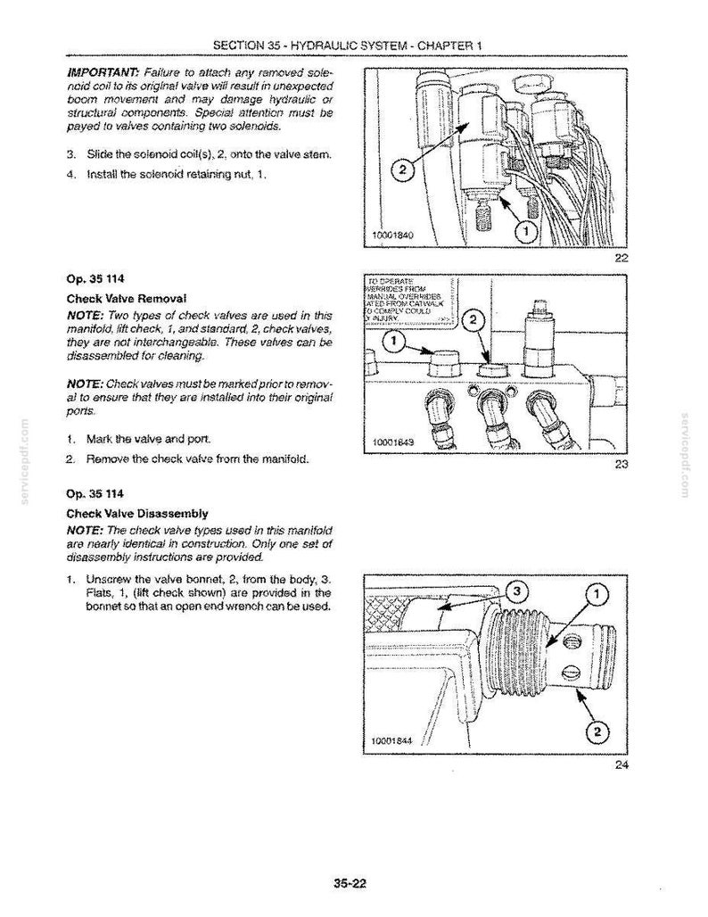 May include: A technical manual page titled Section 35 Hydraulic System Chapter 1, featuring three black and white diagrams of hydraulic valves, solenoid coils, and manifold components with numbered labels and instructional text for maintenance procedures.