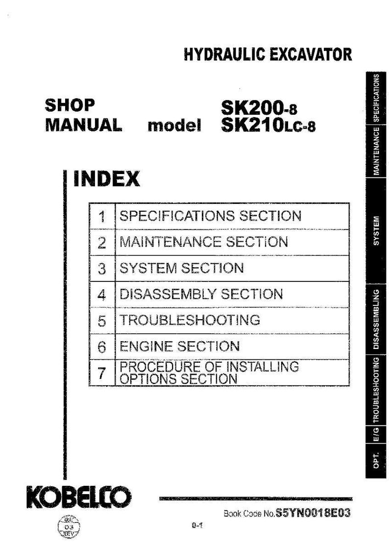 May include: A white shop manual for a Kobelco hydraulic excavator, models SK200-8 and SK210LC-8. The cover features an index listing seven sections: Specifications, Maintenance, System, Disassembly, Troubleshooting, Engine, and Options installation.