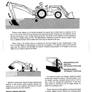May include: A technical diagram showing the operation of a Ford 7500 backhoe loader. The illustration includes a side view of the machinery, arrows indicating movement, and text detailing bucket linkage positions, rotation angles, and stability.