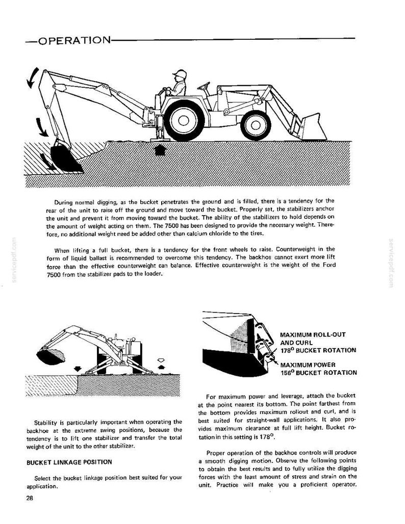 May include: A technical diagram showing the operation of a Ford 7500 backhoe loader. The illustration includes a side view of the machinery, arrows indicating movement, and text detailing bucket linkage positions, rotation angles, and stability.