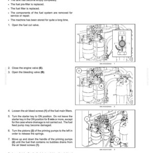 May include: Diagram of a fuel system bleeding procedure with detailed illustrations and numbered steps. Includes instructions for opening valves, loosening screws, and priming pumps. Text includes tightening torque specifications.