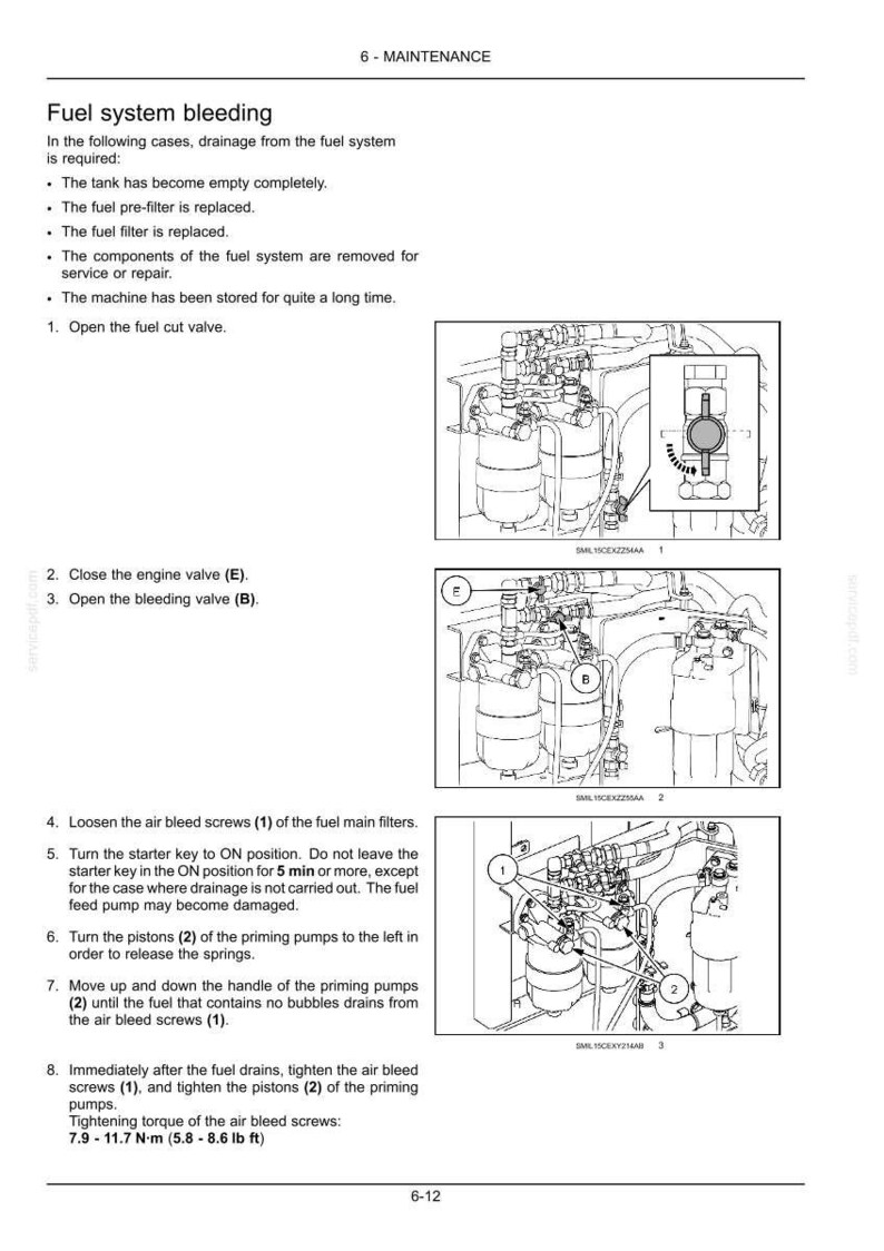 May include: Diagram of a fuel system bleeding procedure with detailed illustrations and numbered steps. Includes instructions for opening valves, loosening screws, and priming pumps. Text includes tightening torque specifications.