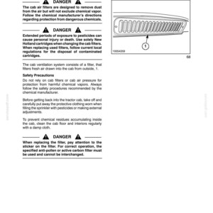 May include: A technical manual page titled SECTION 2 - OPERATION regarding air filters. It includes safety warnings about chemical vapors, a diagram of a cab air vent labeled with the number 1, and instructions for replacing New Holland cartridges.