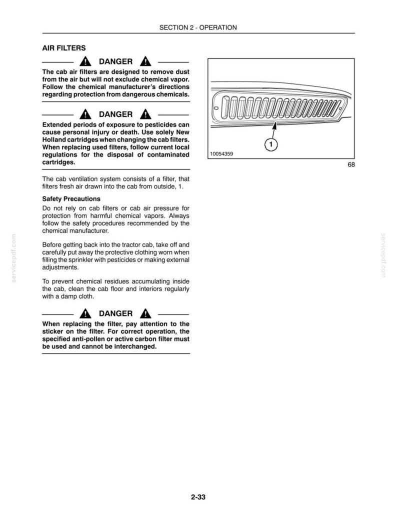May include: A technical manual page titled SECTION 2 - OPERATION regarding air filters. It includes safety warnings about chemical vapors, a diagram of a cab air vent labeled with the number 1, and instructions for replacing New Holland cartridges.