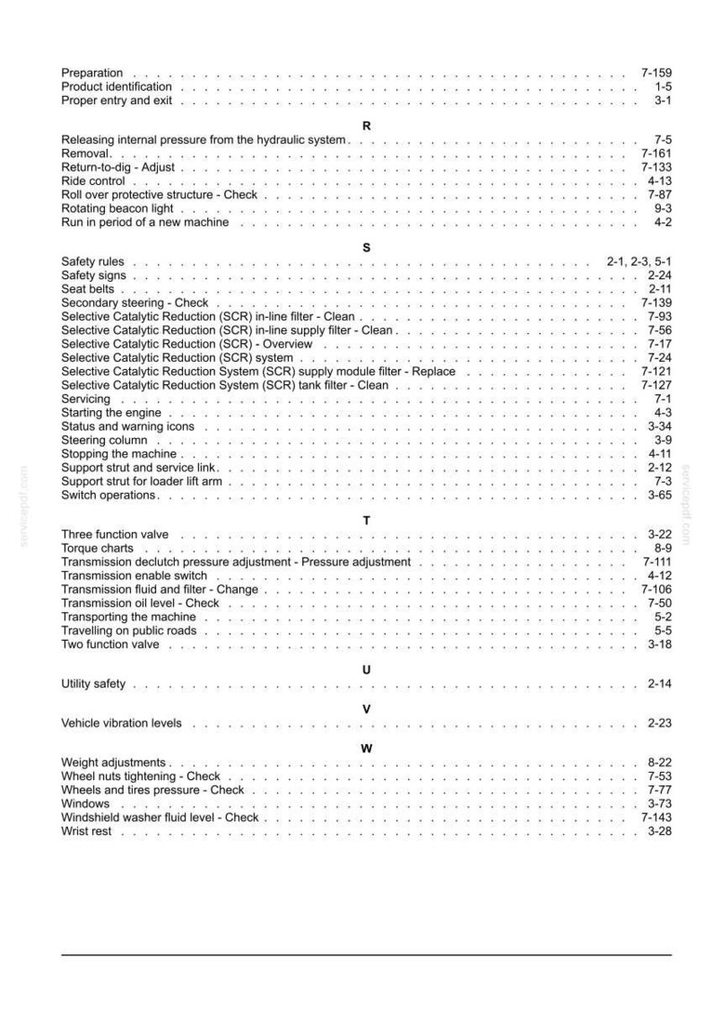 May include: A detailed table of contents from a manual, featuring various sections like 'Safety rules,' 'Transmission,' and 'Weight adjustments.' The text is in black against a white background, with numerical references.