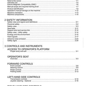 May include: A detailed table of contents from a manual, with headings such as "General Information," "Safety Information," and "Controls and Instruments." The text is black on a white background, with page numbers on the right.
